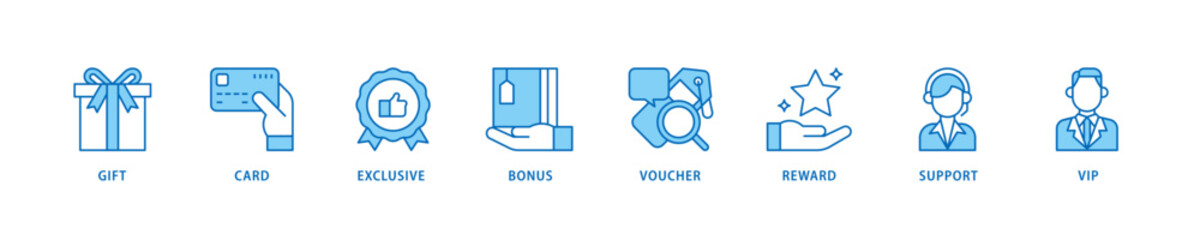 Loyalty program icon set flow process which consists of vip, support, bonus, reward, voucher, exclusive, card, gift icon live stroke and easy to edit .