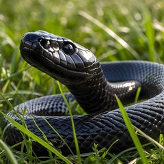Fototapeta premium Black Mamba Coiled in Grass with Dramatic Contrast of Sleek Scales and Lush Greenery