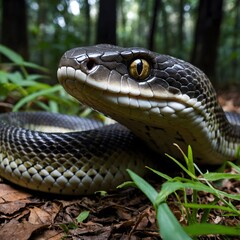 Fototapeta premium Elapid Snake in Defensive Posture with Raised Head and Open Mouth