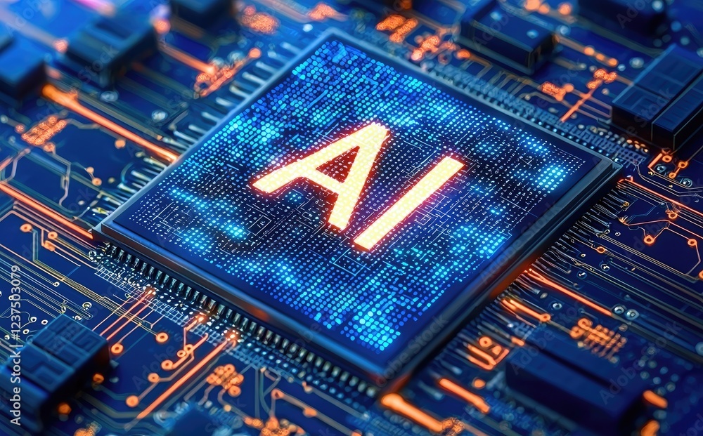Poster Close-up of a glowing AI chip on a futuristic circuit board, symbolizing advanced technology, machine learning, and computational power. Ideal for tech marketing, AI research, and innovation visuals