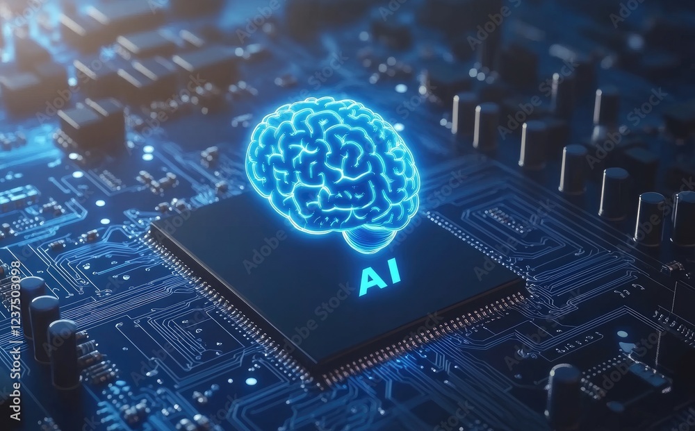 Poster futuristic ai chip with a glowing brain on a detailed circuit board, symbolizing advanced technology