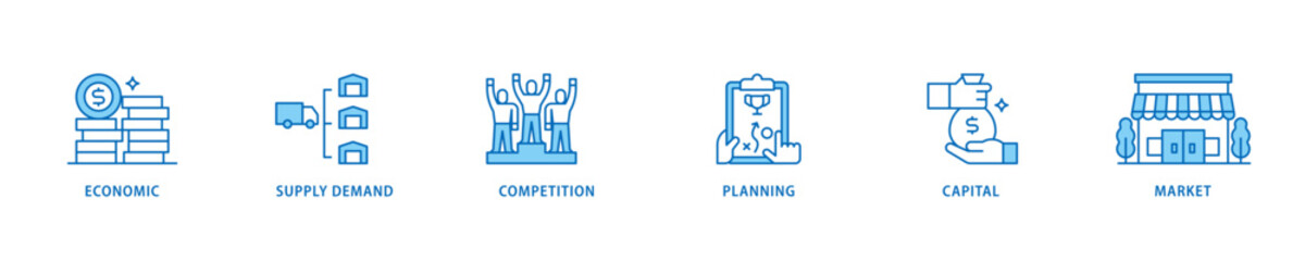 Market economy icon set flow process which consists of economic, supply demand, competition, planning, capital, market icon live stroke and easy to edit .