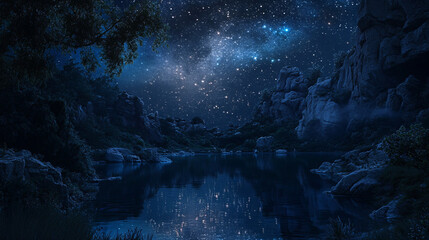 Obraz premium dark night sky stars above tranquil mountain lake reflection