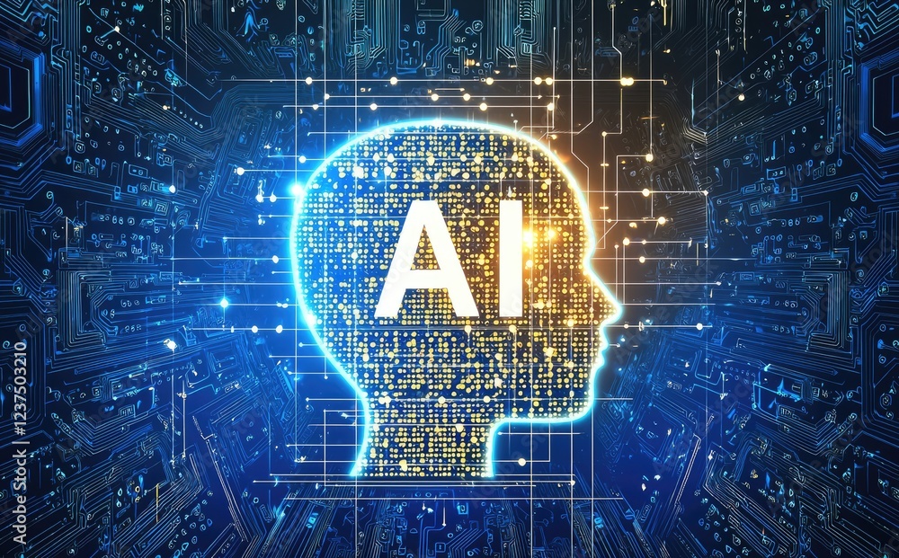 Poster A glowing AI profile integrated with a futuristic circuit board, symbolizing innovation, data processing, and advanced artificial intelligence. Ideal for tech projects, AI concepts