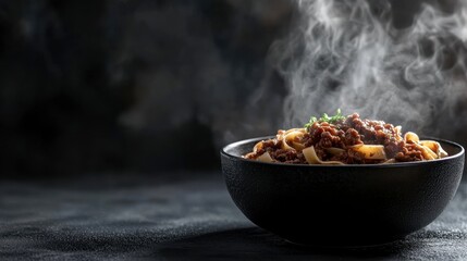 Fototapeta premium Steaming Bowl of Pasta with Rich Meat Sauce and Fresh Herbs