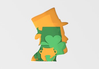St. Patrick's day leprechaun portrait featuring relative icons. Saint Patrick's Day leprechaun with beard and hat. Elf character for advertising. Ireland National Holiday. 3D render