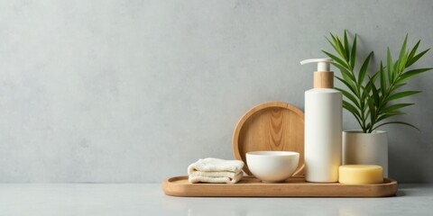 Serene spa setting with organic bath products on wooden tray