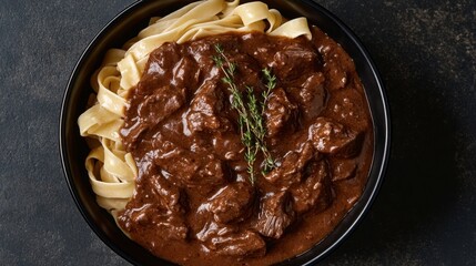 Fototapeta premium Savory Beef Stew Over Fresh Fettuccine with Herbs and Dark Sauce