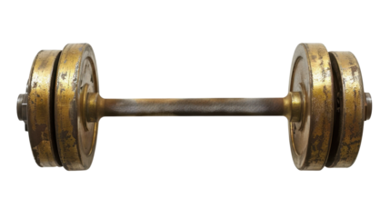 Old gold dumbbell isolated on transparent background for fitness concepts