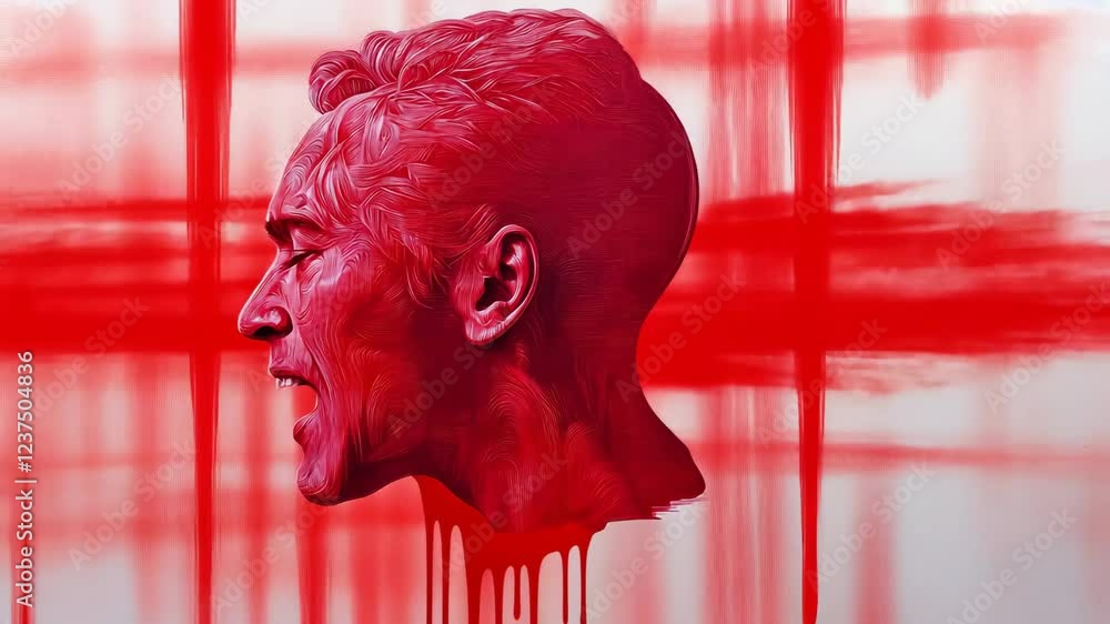 Poster red sculpture of man head with abstract paint drips and lines realism art piece featuring vibrant re