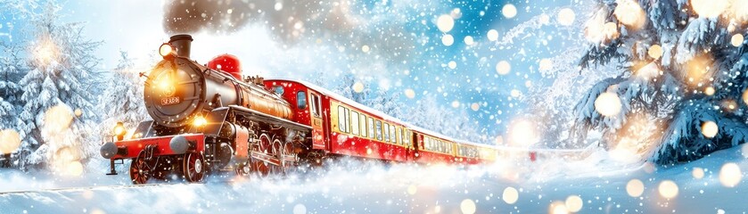 Festive train journey through snowy landscape winter wonderland scenic view holiday adventure