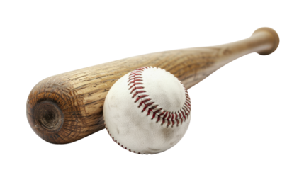 Old worn baseball bat leaning on a used baseball with transparent background