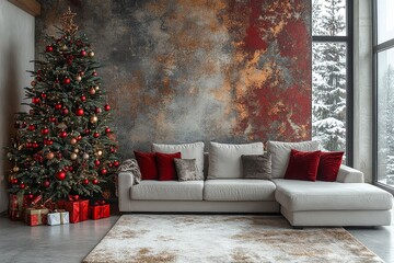 Obraz premium White room with Christmas tree decorated in red and gold, grey sofa, and presents, New Year celebration at home.