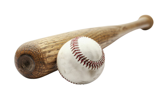 Old worn baseball bat leaning on a used baseball with transparent background