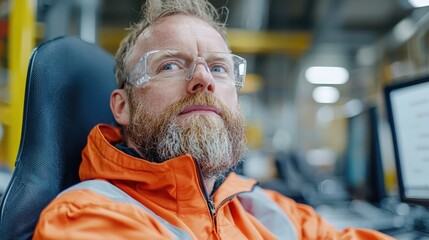 Factory worker monitoring systems, thoughtful expression, industrial background, safety gear