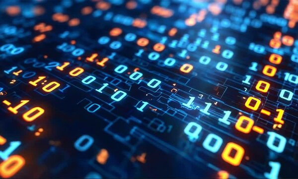 Abstract digital binary code flowing on circuit board.