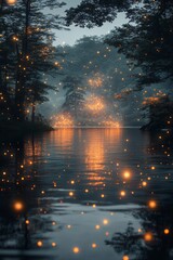Enchanting Fireflies Dancing Over a Misty Lake, Serene Nature Scene with Glowing Bugs Illuminating Night Sky
