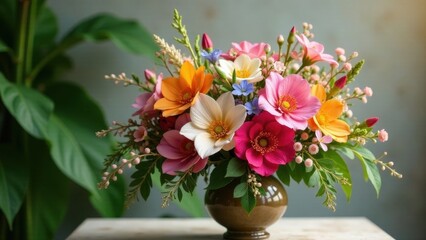 Fototapeta premium Vibrant Spring Bouquet in Earthenware Vase, a Colorful Arrangement of Delicate Blooms and Lush Greenery, Perfect for Festive Celebrations or Thoughtful Gifts