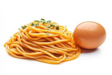 Spaghetti with tomato sauce and a brown egg