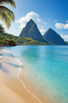 Turquoise water lapping sandy beach in saint lucia with majestic pitons in background