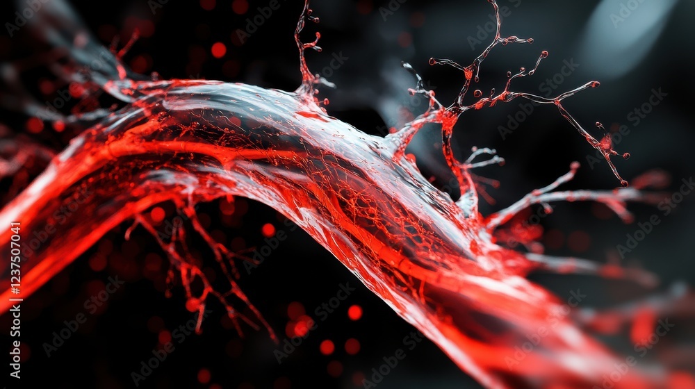 Poster dynamic red splash fluid stream with droplets and light reflection