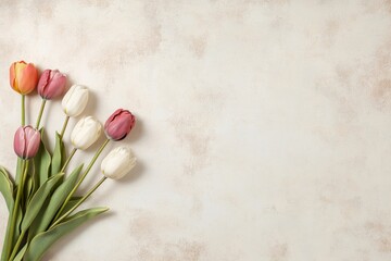 Minimalist Flat Lay of Pink and White Tulips on grey background , for  Women's day or Mothers Day banner, copy space
