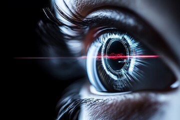 Close-up of eye with futuristic HUD interface.