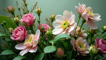 Obraz premium A Delicate Arrangement of Pastel Pink Blossoms and Buds, Showcasing the Exquisite Beauty of Nature's Floral Masterpiece