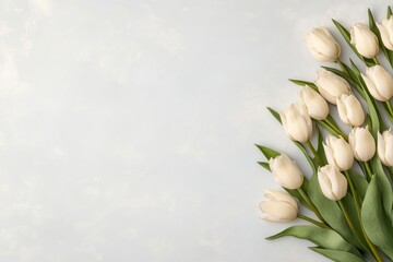 Minimalist Flat Lay of  White Tulips on grey background , for  Women's day or Mothers Day banner, copy space
