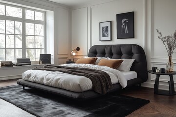 Modern black fabric bed frame with headboard and footboard, white walls, black rug, and decorative bedside tables in an elegant bedroom setting.
