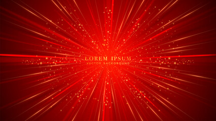 Fototapeta premium Radiant red background with golden light rays, and dynamic glowing gold glitter effects