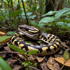 Fototapeta premium Forest Adventure: Juvenile Ball Python Exploring Leaf-Littered Ground with Distinctive Markings