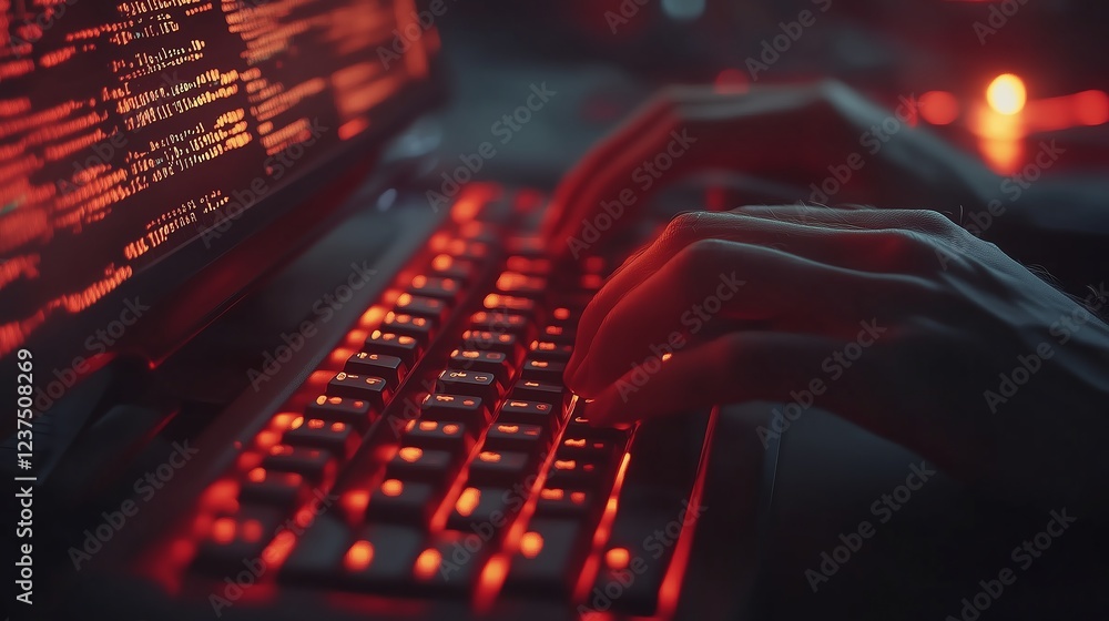 Aufkleber close-up of hands typing with glowing malicious code on a dark monitor.