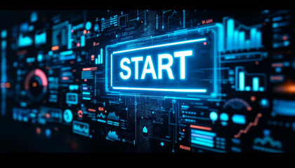 button with text START at virtual interface of a large transparent futuristic screen with buttons, graphs and infographics