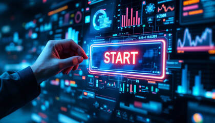 button with text START at virtual interface of a large transparent futuristic screen with buttons, graphs and infographics