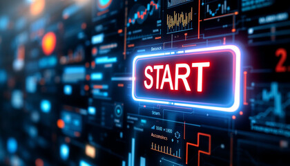 button with text START at virtual interface of a large transparent futuristic screen with buttons, graphs and infographics