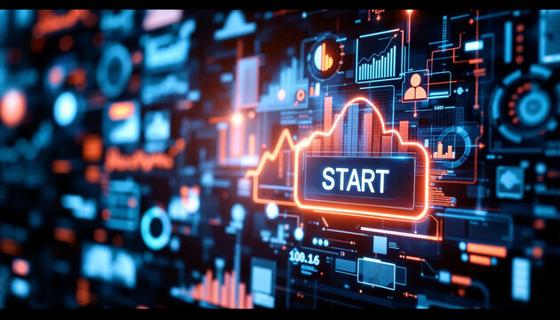 button with text START at virtual interface of a large transparent futuristic screen with buttons, graphs and infographics - Powered by Adobe