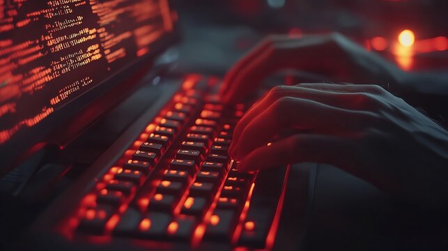 Close-up of hands typing with glowing malicious code on a dark monitor.