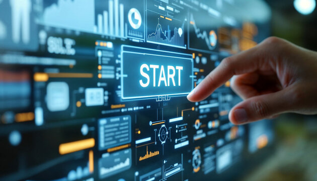 button with text START at virtual interface of a large transparent futuristic screen with buttons, graphs and infographics