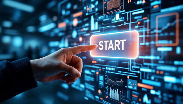 button with text START at virtual interface of a large transparent futuristic screen with buttons, graphs and infographics