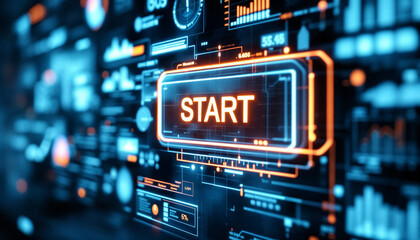 button with text START at virtual interface of a large transparent futuristic screen with buttons, graphs and infographics