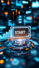 button with text START at virtual interface of a large transparent futuristic screen with buttons, graphs and infographics