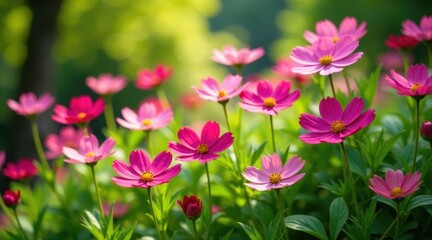 Obraz premium Vibrant Pink Cosmos Flowers Blooming in a Lush Garden, Illuminated by Soft Sunlight, Creating a Serene and Peaceful Atmosphere