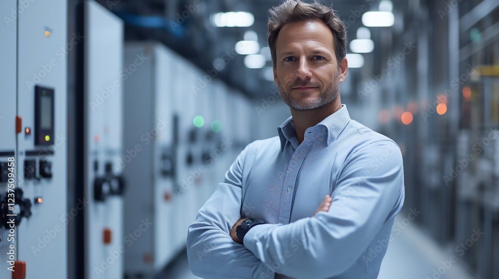 Poster engineer in a power plant working with electrical control systems, focus on digital interfaces, mini