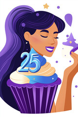 Woman celebrating 25th birthday with delicious cupcake and purple frosting