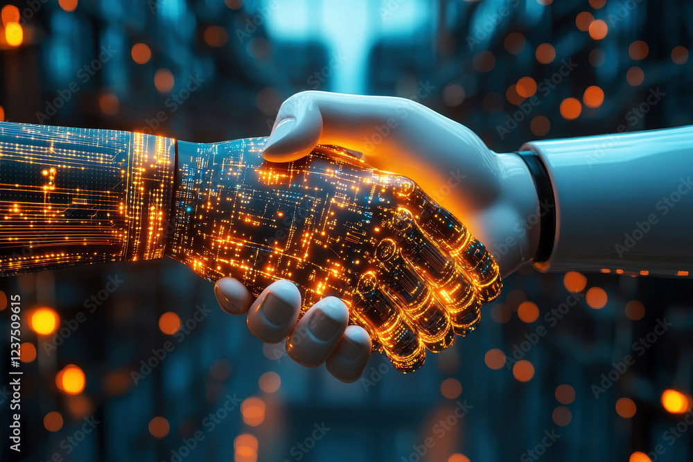 Poster digital ai hand shaking integration between human and artificial intelligence.
