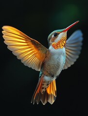 Fototapeta premium Hummingbird hovering with outstretched wings on dark background
