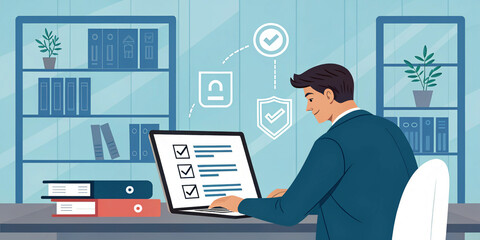 Businessman Using a Laptop with Personal Information (Version 1)