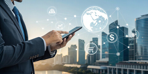 A Businessman Using a Mobile Smartphone to Manage Global Business Operations