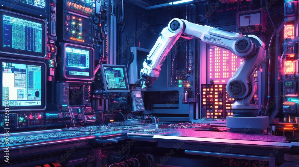 Poster advanced robots in a futuristic control room setting with neon lights